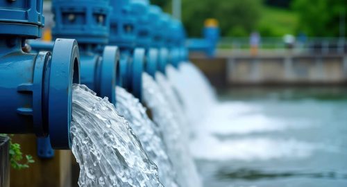 Water treatment plant releases purified water into river. Blue pipes discharge, clean water. Sustainable water management facility. Eco friendly tech. Public resource supply.