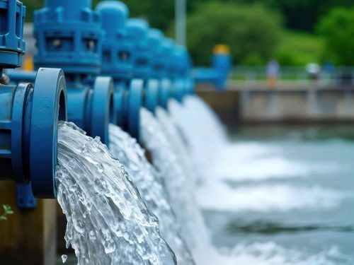 Water treatment plant releases purified water into river. Blue pipes discharge, clean water. Sustainable water management facility. Eco friendly tech. Public resource supply.